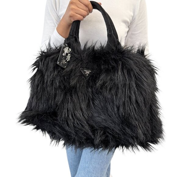 PRADA Vintage Faux Fur Fabric Tote Bag Black Silver Charm Triangle Logo [106226] - Picture 1 of 15